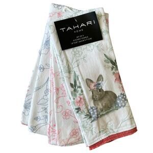 TAHARI HOME Kitchen Towels 3pk Easter Bunny Rabbit Garden Flowers 18" X 28" New